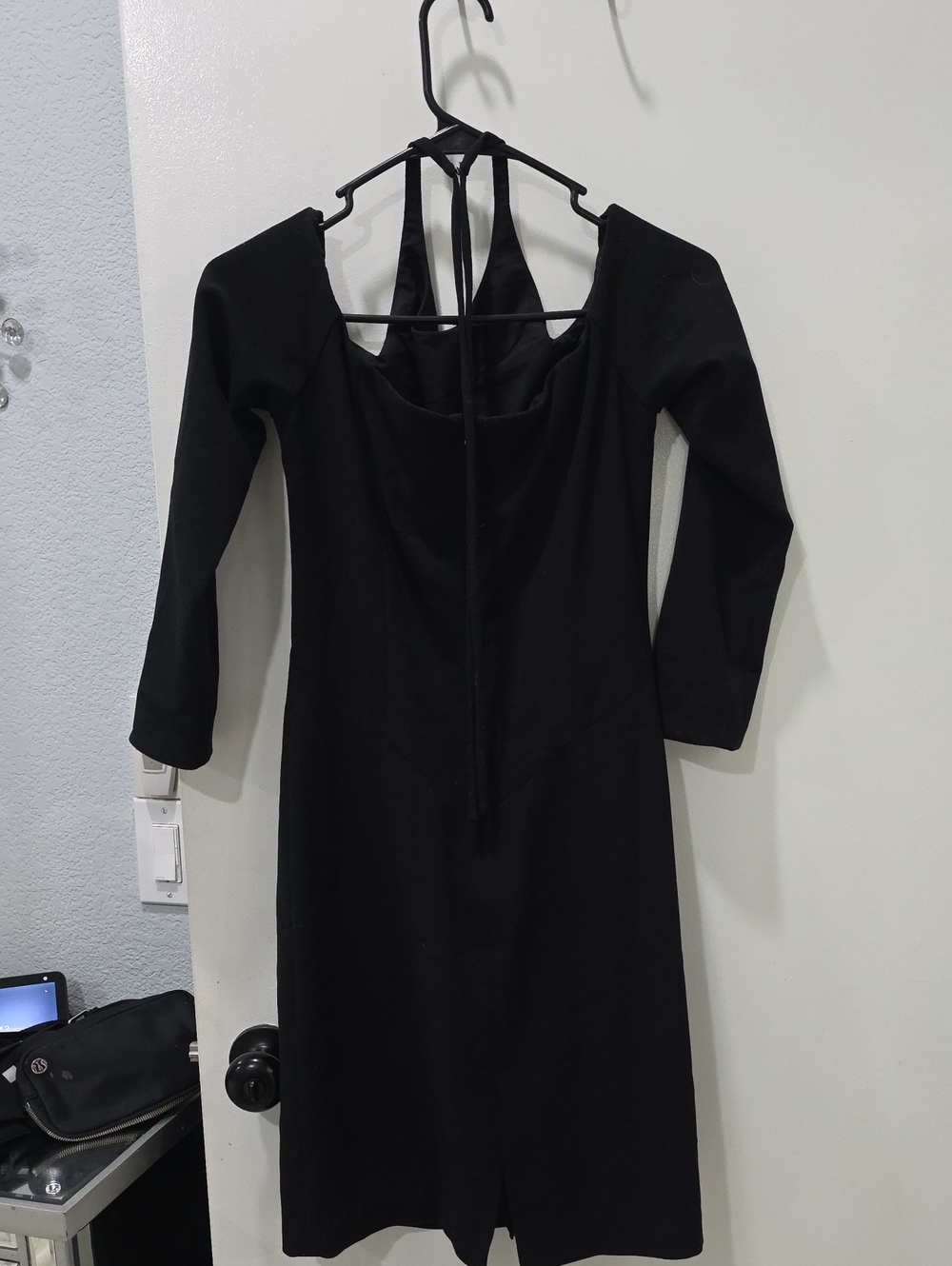 Black Long-Sleeve Halter-Back Midi Dress with Tie